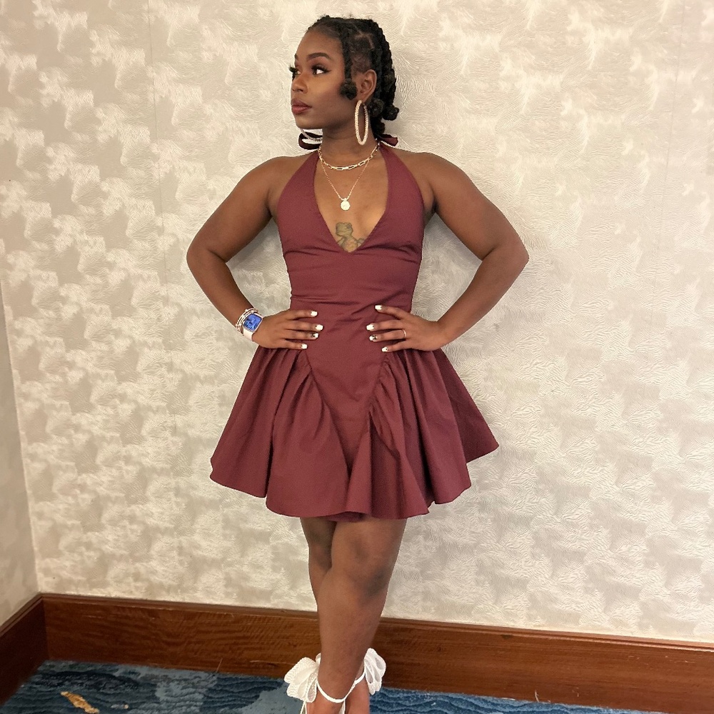 Wine Colored Mini Formal Flare Tulip Dress (Size Small)